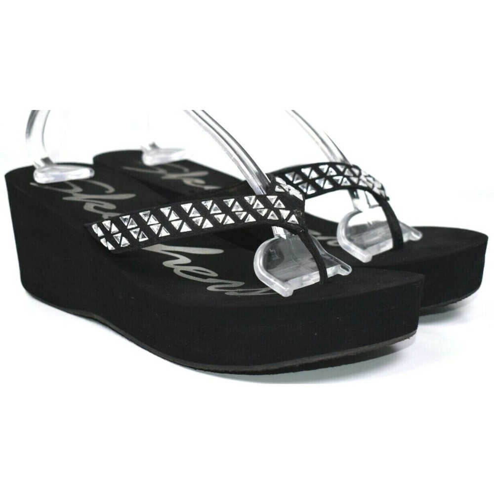 SKECHERS Women's Pinups Black Wedge Rhinestones Platform Thong Sandals Size 10